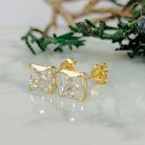 CZ Square Stud Earrings 10K Solid Yellow Gold For Mens Womens 5mm/ Aretes En Oro